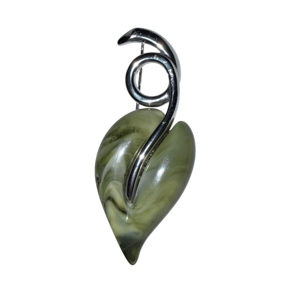 Vintage Liz Claiborne silver tone leaf vine brooch pin green stone whimsical